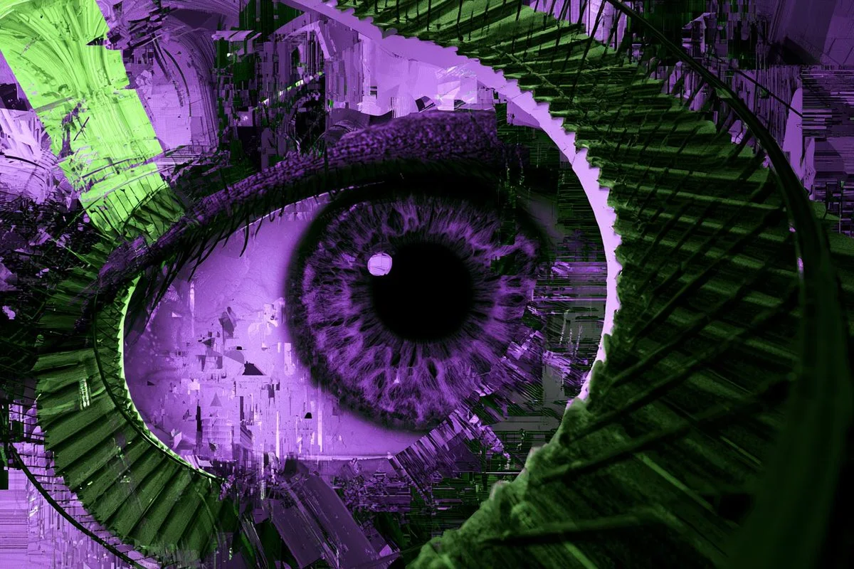A purple-green surreal eye collage with concentric glitch rings and compression artifacts.