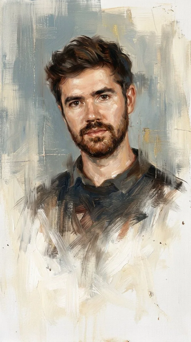 A contemporary oil portrait of a dark-haired man in a dark shirt with expressive brushwork and unfinished lower body dissolving into ivory paint.