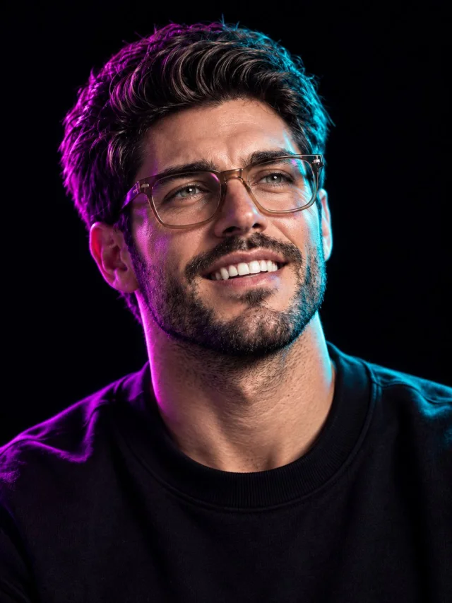 A close-up portrait of a smiling bearded man with glasses in a black crewneck, lit magenta from the left and cyan from the right against a black background.