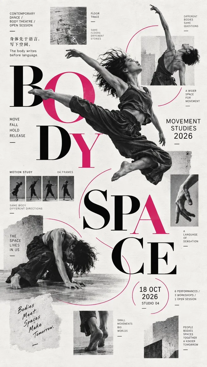 Body / Space: an ivory contemporary-dance poster with multiple moving figures, cropped studies, pink arcs, and oversized split serif typography.