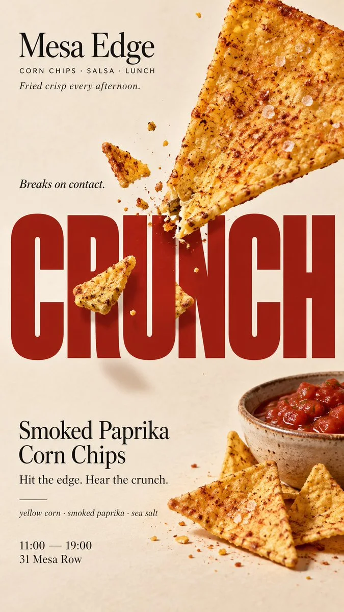 A cream editorial poster where a brittle corn chip breaks against rigid red letters spelling CRUNCH.