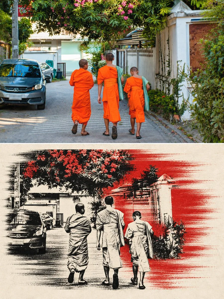 Three monks walking in a Thai street above a black-and-vermilion screenprint transformation.