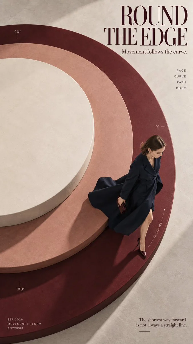 ROUND THE EDGE: a woman in a navy coat dress walks along a burgundy, dusty-rose, and ivory circular stepped platform.