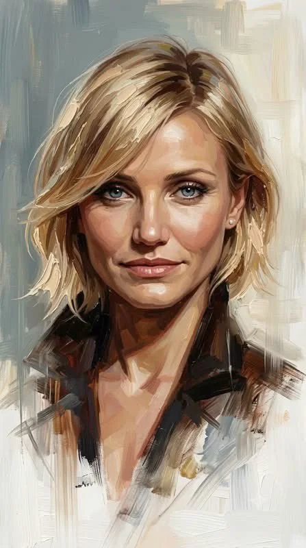 A contemporary oil portrait of a blonde woman in a black jacket with expressive brushwork and unfinished lower body dissolving into ivory paint.