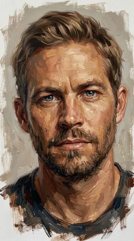An expressive oil portrait of a middle-aged brown-haired bearded man with warm textured brushwork and an unfinished neutral background.
