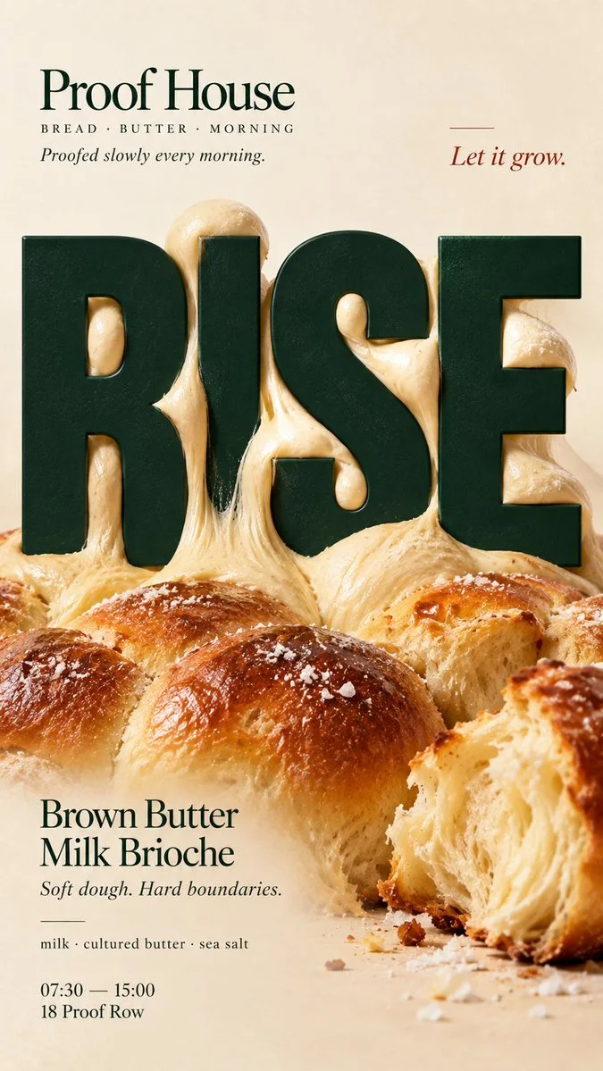 A brioche poster where rising dough expands through gaps in green letters spelling RISE.