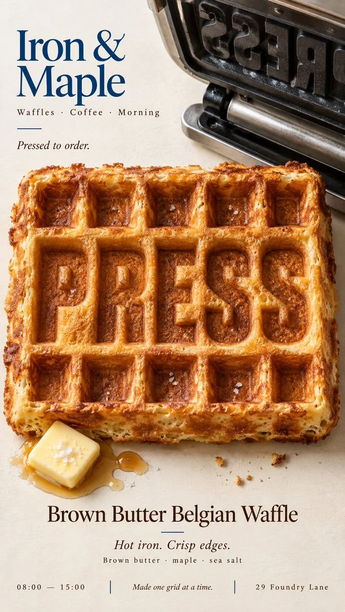 A Belgian waffle poster where a waffle press stamps the word into the food.