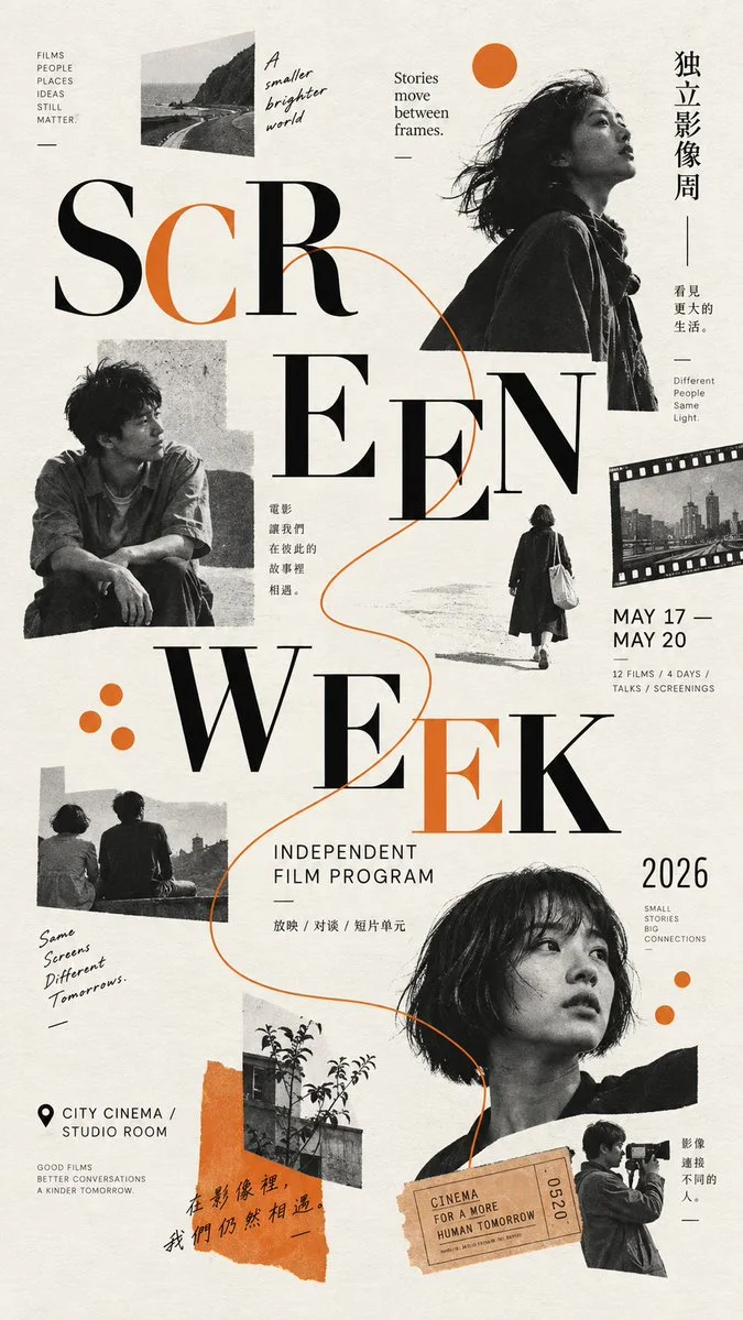 Screen Week: an ivory independent-film poster with scattered portraits, film stills, tickets, orange accents, and oversized split serif typography.