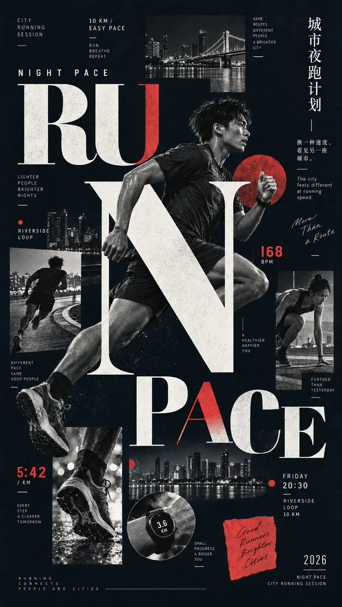 Night Pace: a black urban-running poster with a dominant runner, city scenes, red accents, performance details, and oversized split serif typography.