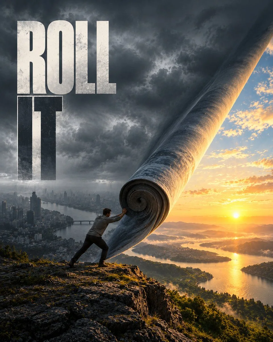 A landscape poster where a person rolls back a stormy sky like a giant sheet to reveal a golden sunrise, with the headline ROLL IT.