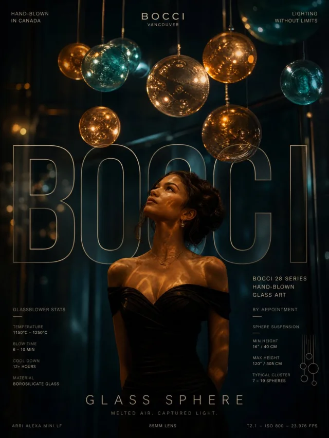 A dark Bocci campaign poster featuring a woman beneath glowing amber and teal blown-glass spheres with oversized outline typography.