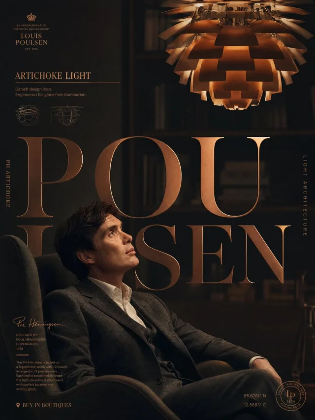 A copper-toned Louis Poulsen campaign poster featuring a suited man beneath a PH Artichoke lamp with monumental typography and technical diagrams.