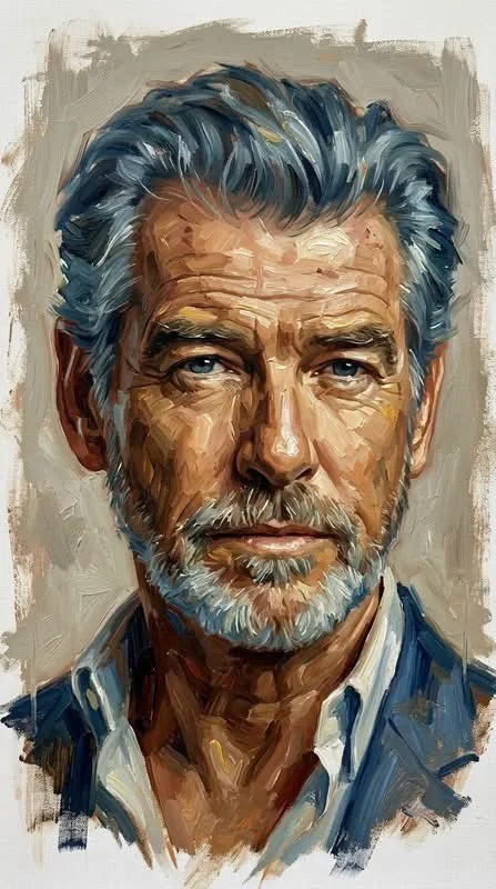 An expressive oil portrait of an older gray-haired bearded man with warm textured brushwork and an unfinished neutral background.